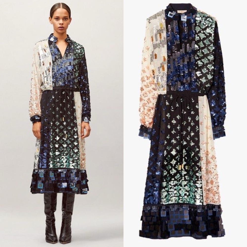 Tory Burch Color-Block Sequin Midi Dress Caftan Style Size 2 - Picture 2 of 16